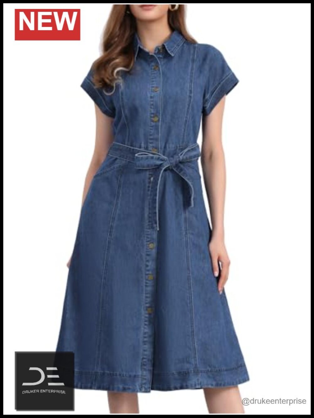 Denim Button Down Midi Dress for Women A-Line Casual Short Sleeve
